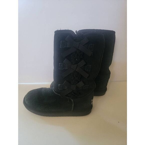 Koolaburra By Ugg Girl's Black Suede Leather Bow Winter Boots Size 1 - Picture 3 of 6